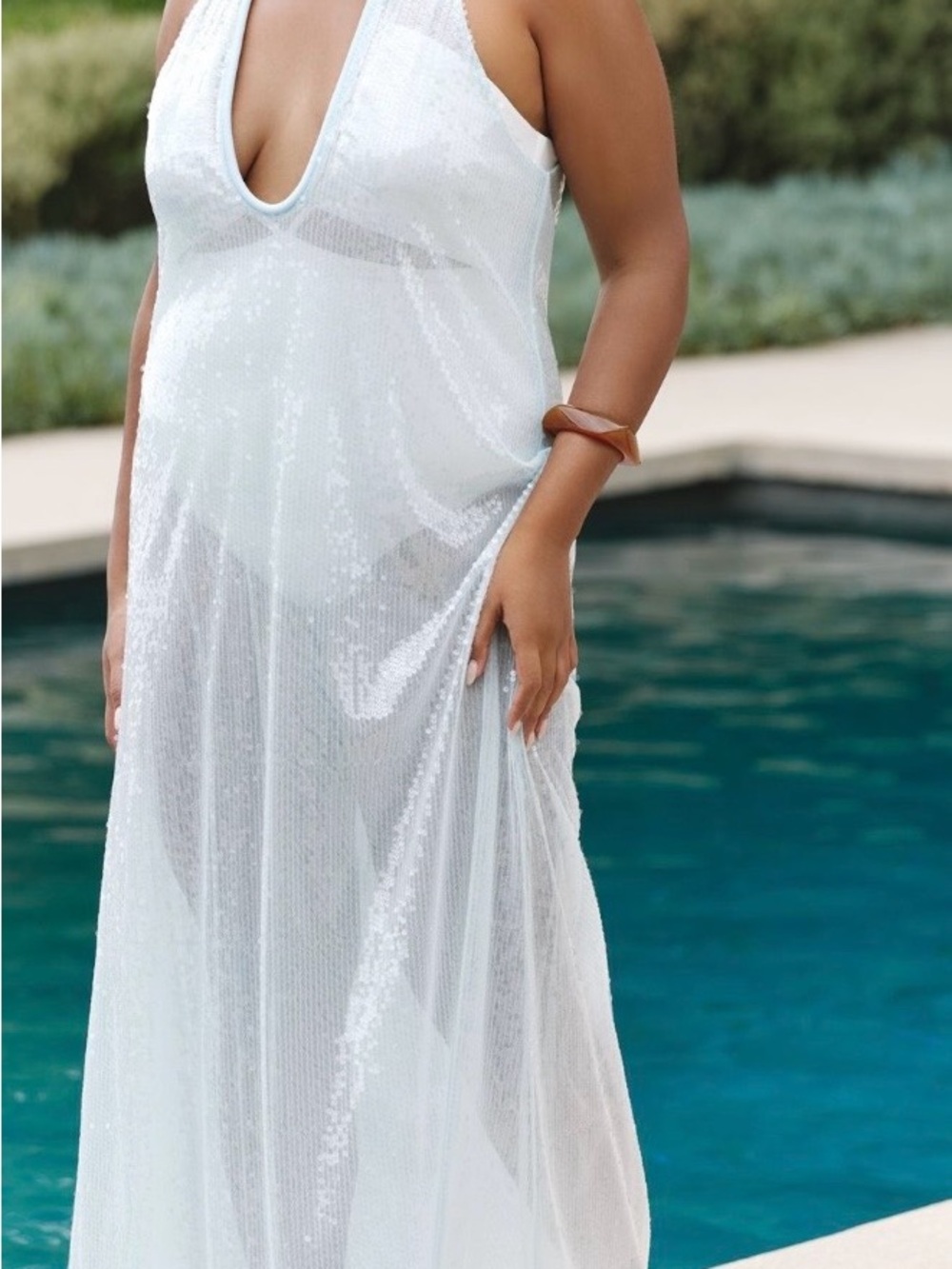 Sunday in Brooklyn White Sequin V-Neck Sheer Swim Coverup